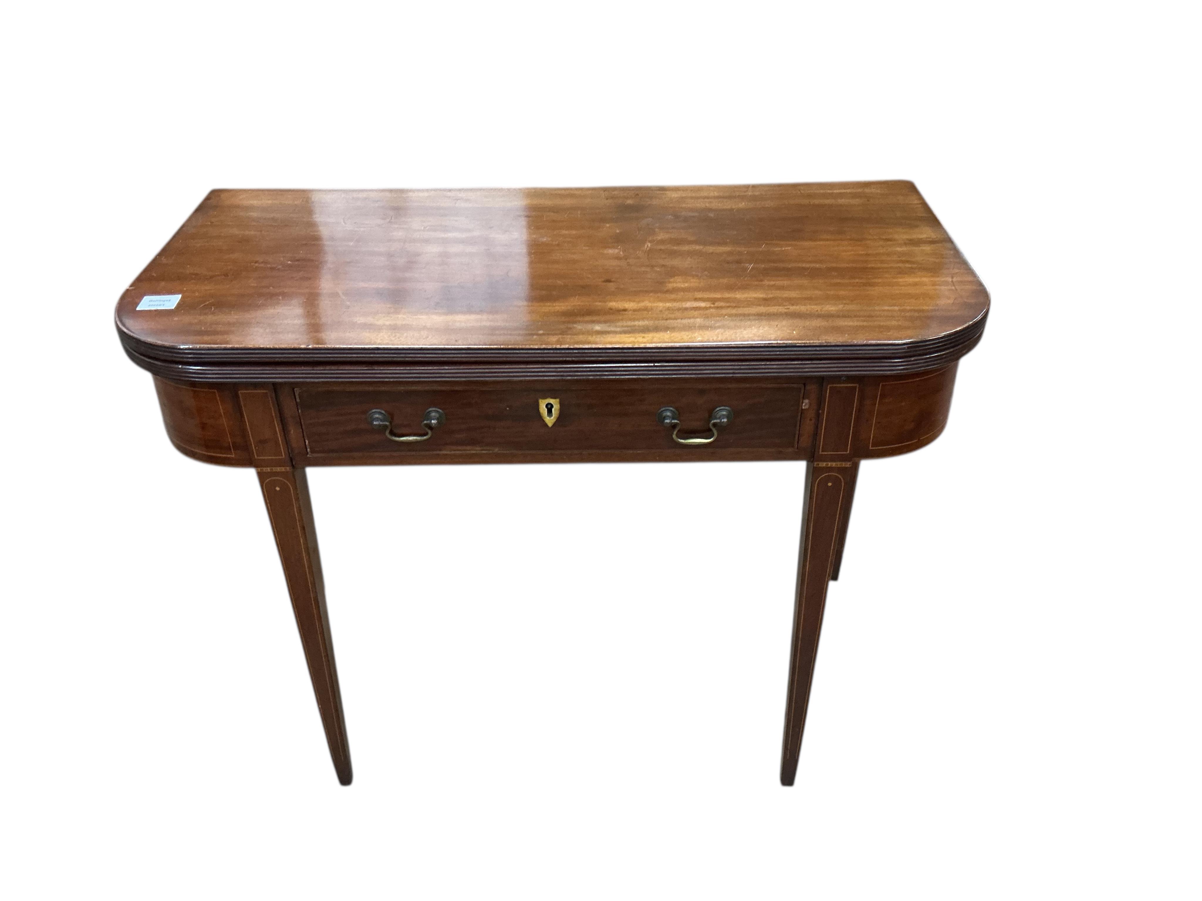A George III mahogany D shaped folding tea table, width 97cm, depth 46cm, height 75cm